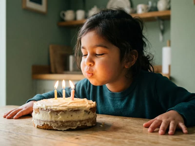 A child leaning forward over a homemade birthday cake, cheeks full, about to blow out the candles