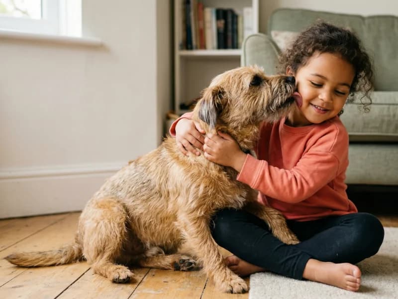 A child sitting on the floor hugging a scruffy family dog, both faces visible