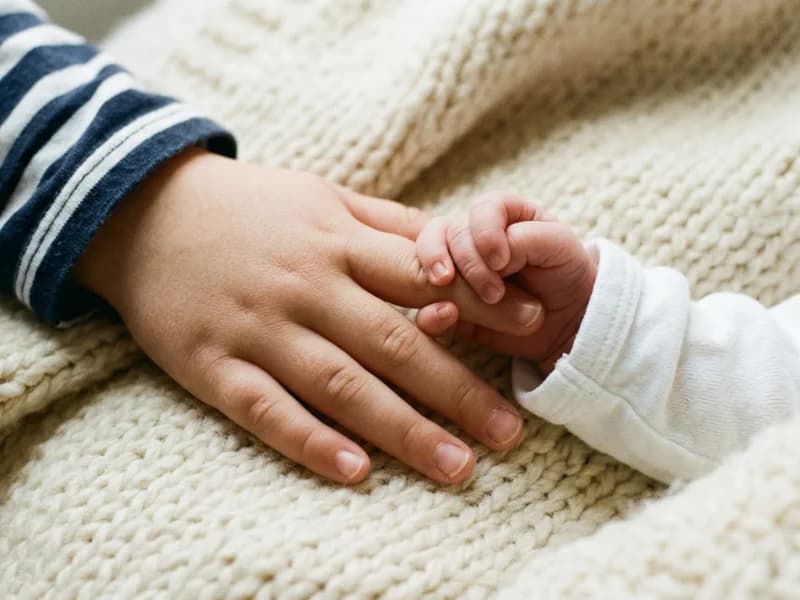 A child's hand gently holding a newborn baby's tiny hand on a cream blanket