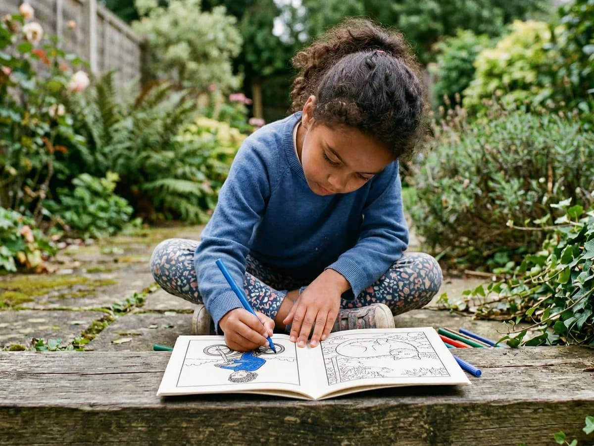 Child sitting outdoors in a garden, colouring in their personalised toodaloo book