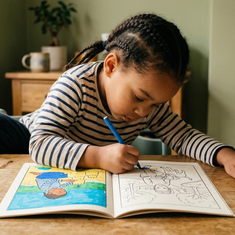 Child colouring their personalised toodaloo book at the kitchen table
